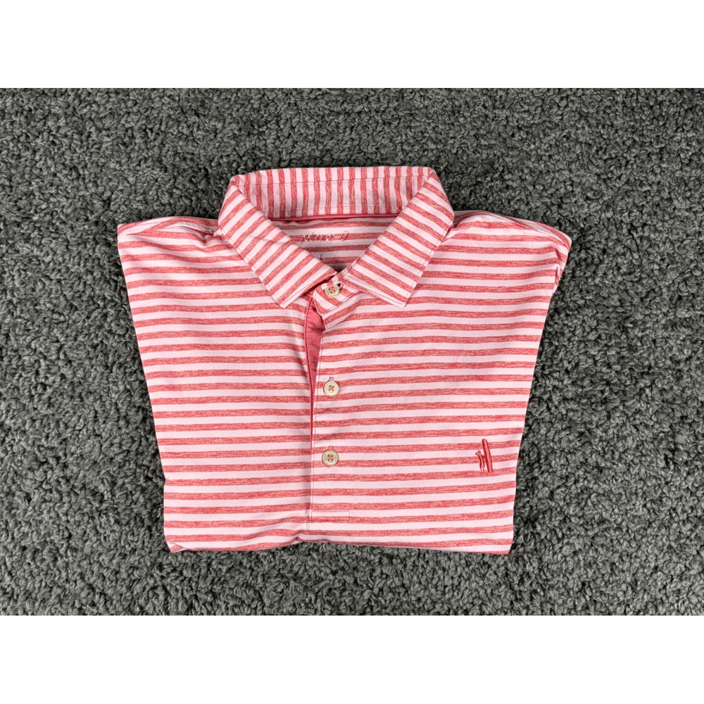 johnnie-O Mens Large Pink White Striped Performance Golf Polo Shirt Short Sleeve